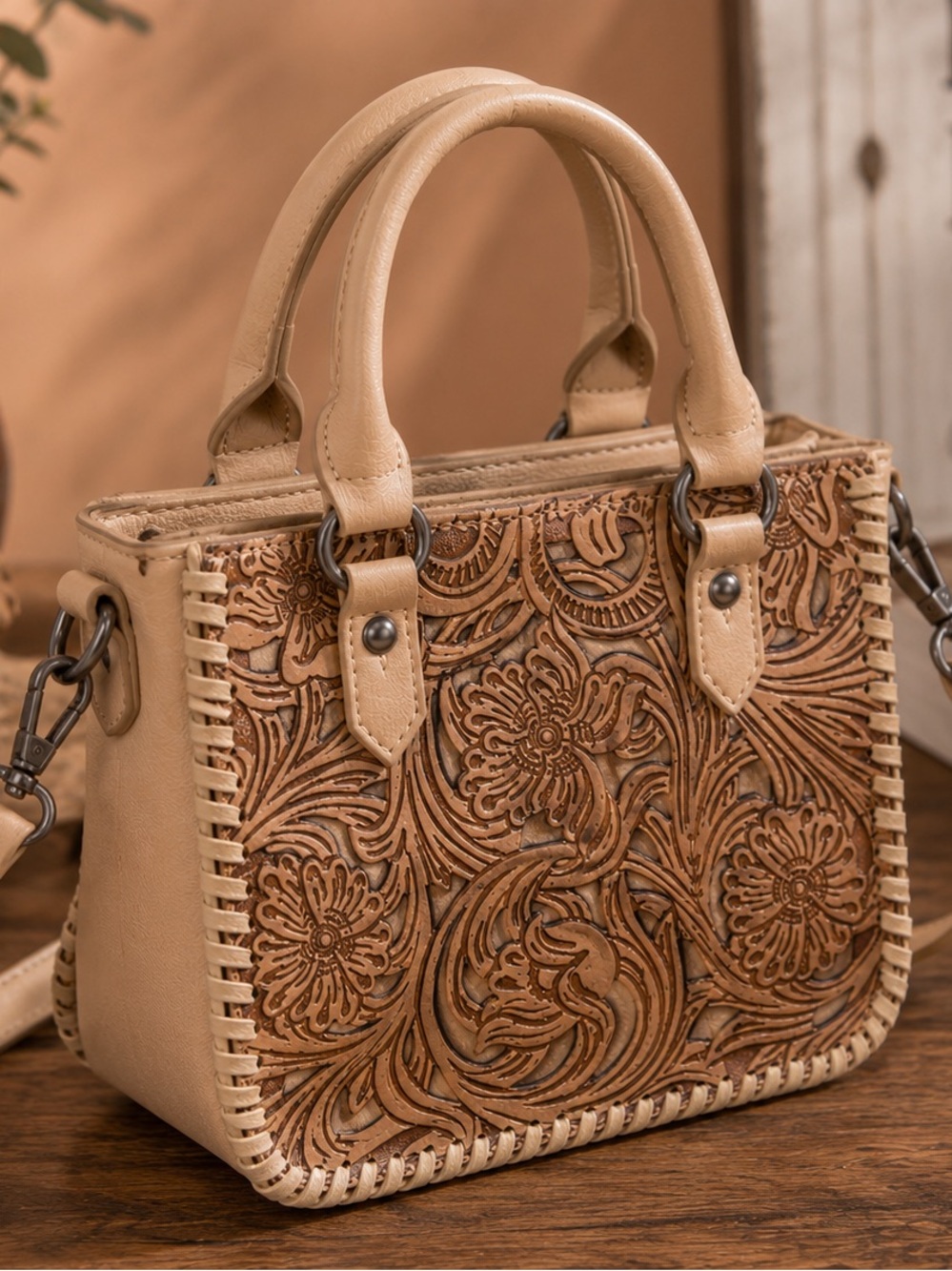 Trinity Ranch Floral Tooled Mini Tote Crossbody Tan NWT - Picture 6 of 7